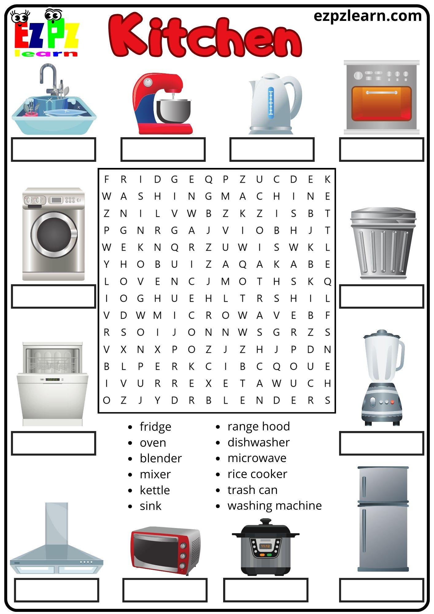 Kitchen Appliances Vocabulary Word Search And Match The Words Activity   Kitchen Appliances Word Match And Search 